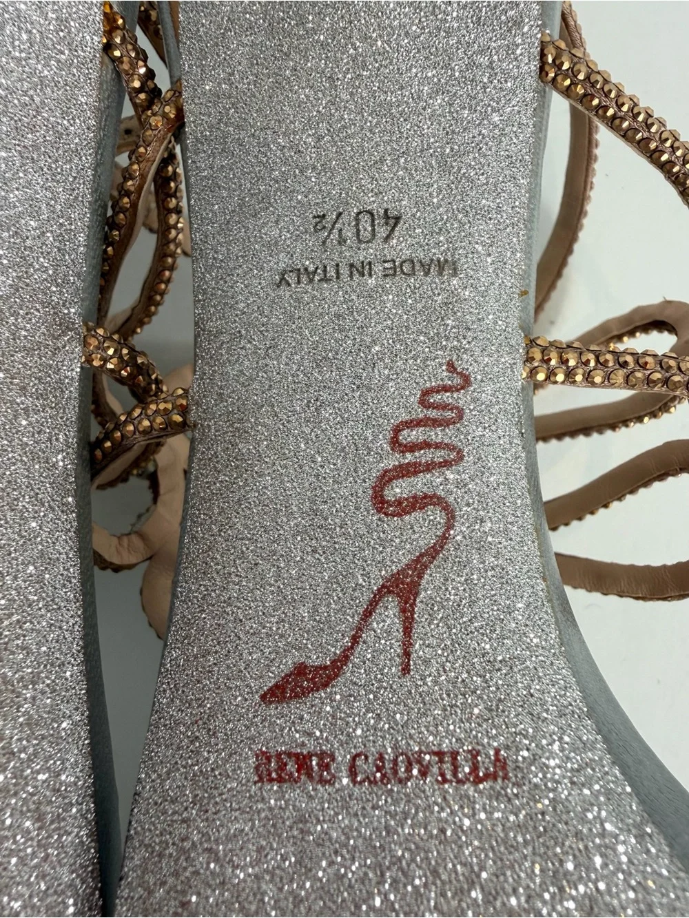 René Caovilla Crystal Butterfly Sandals 40.5 Rose Gold Gray Stiletto Heels Made